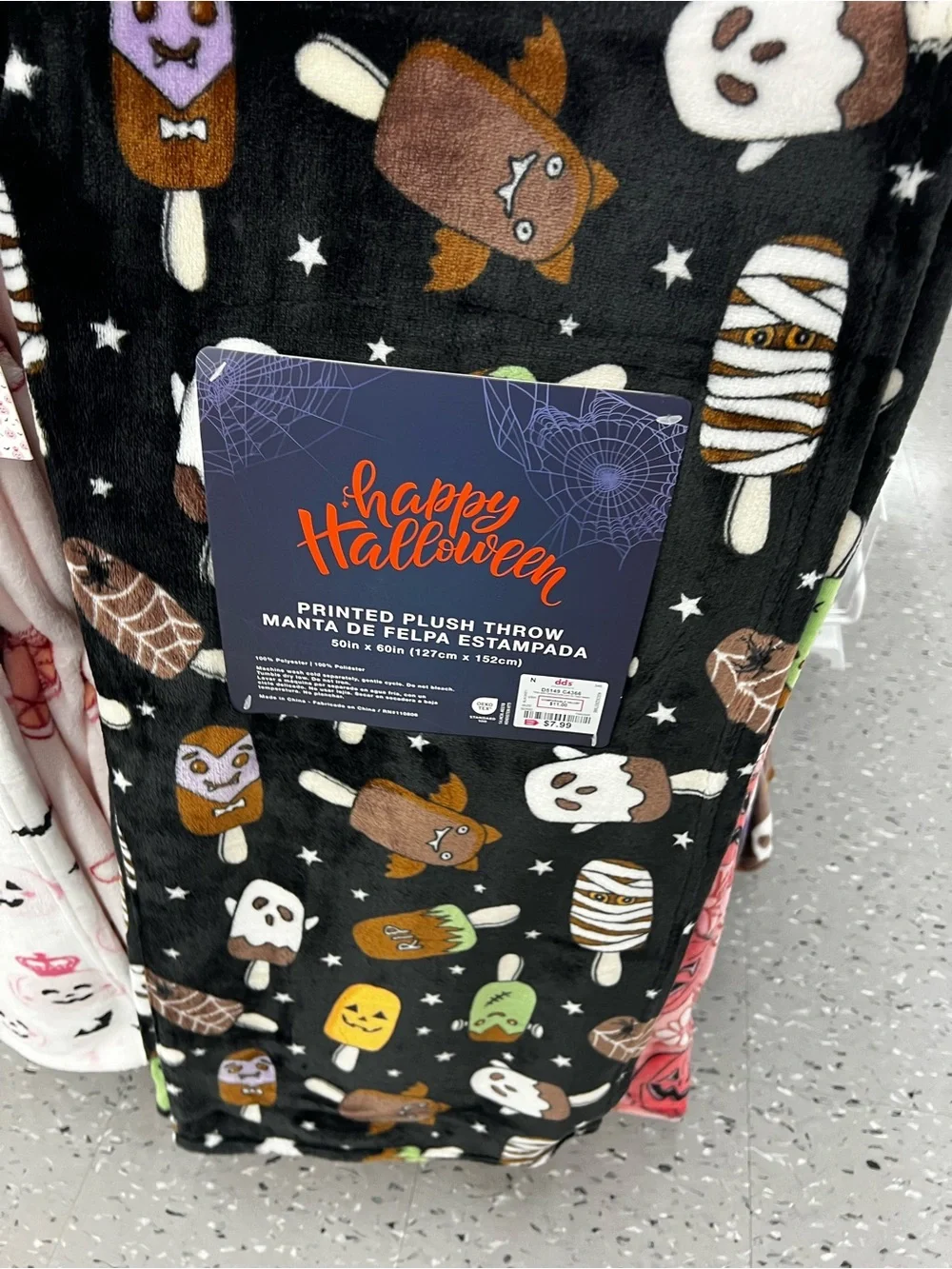 Happy Halloween Printed Plush Throw Blanket - Black Halloween Popsicle Design